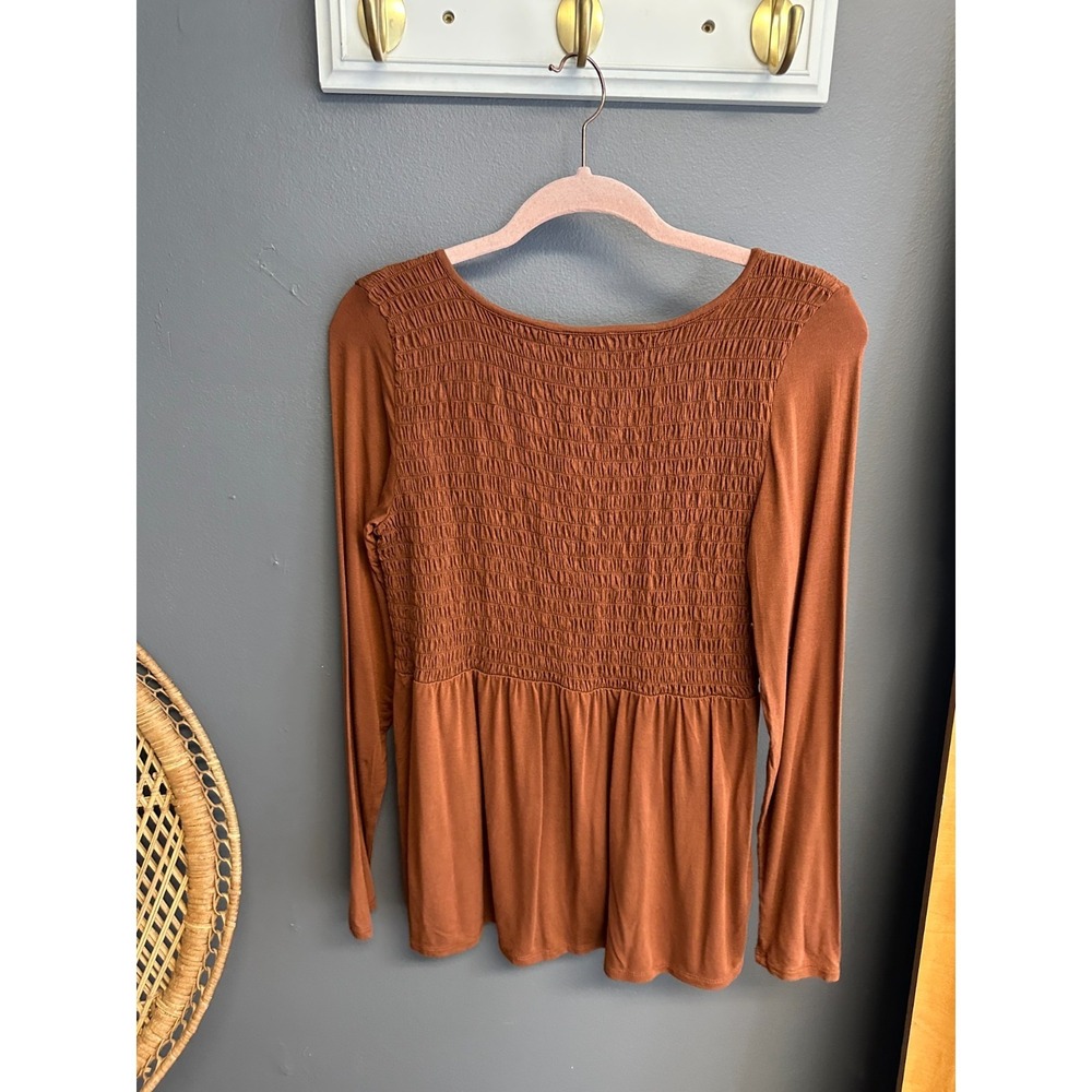 American Eagle Womens M Top Smocked Brown Long Sleeve Peasant Boho Tunic - Picture 5 of 5